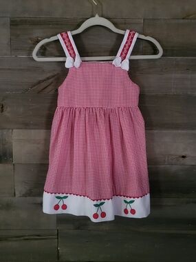 Vintage 90's Red Gingham Girl's Picnic Dress With Cherry Trim 5/6